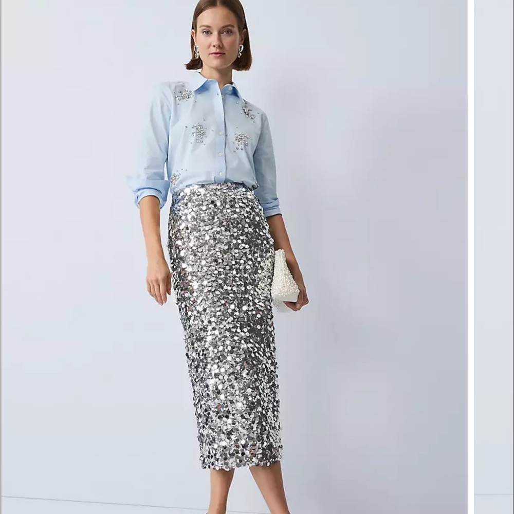 Ann Taylor Silver Sequin Midi Skirt Size 12P